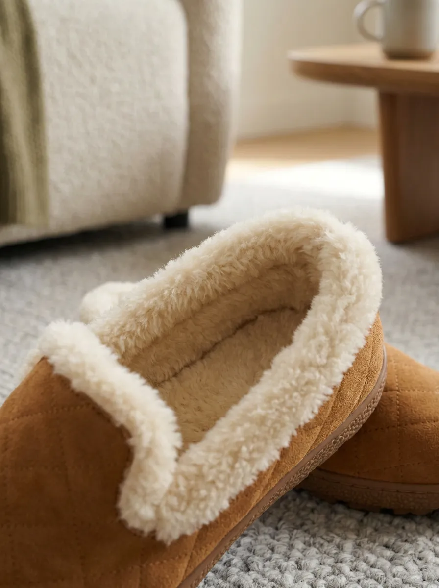 Women's Casual Comfort Quilted Brown Faux Fur Lined Wool Slippers
