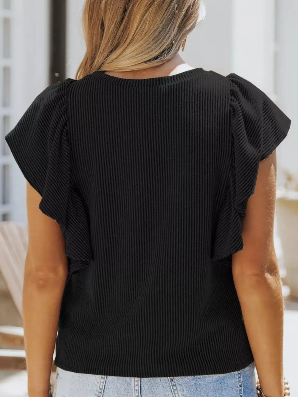 Ruffled Sleeve Ribbed Knit T Shirt Plus