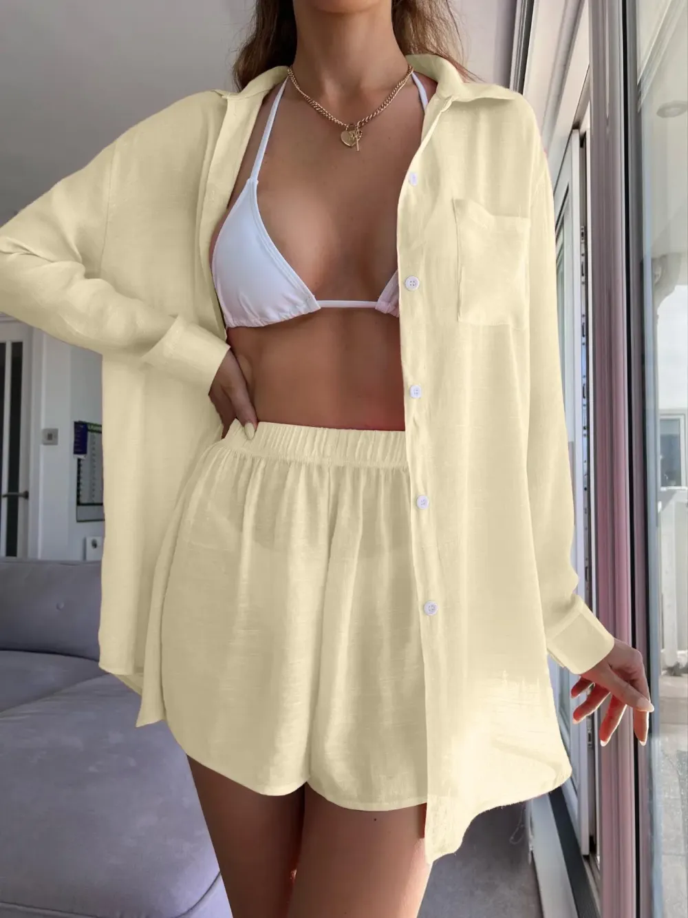 Women's Solid Button-Front Pocket Sheer Cover-Up Shirt & Shorts Set, Casual Drop-Shoulder Long-Sleeve Top & Shorts for Beach Vacation, Ladies Summer Swimwear Clothes