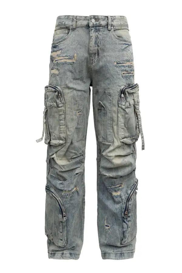 Men's Washed Wide Fit Utility Cargo Baggy Denim Pants