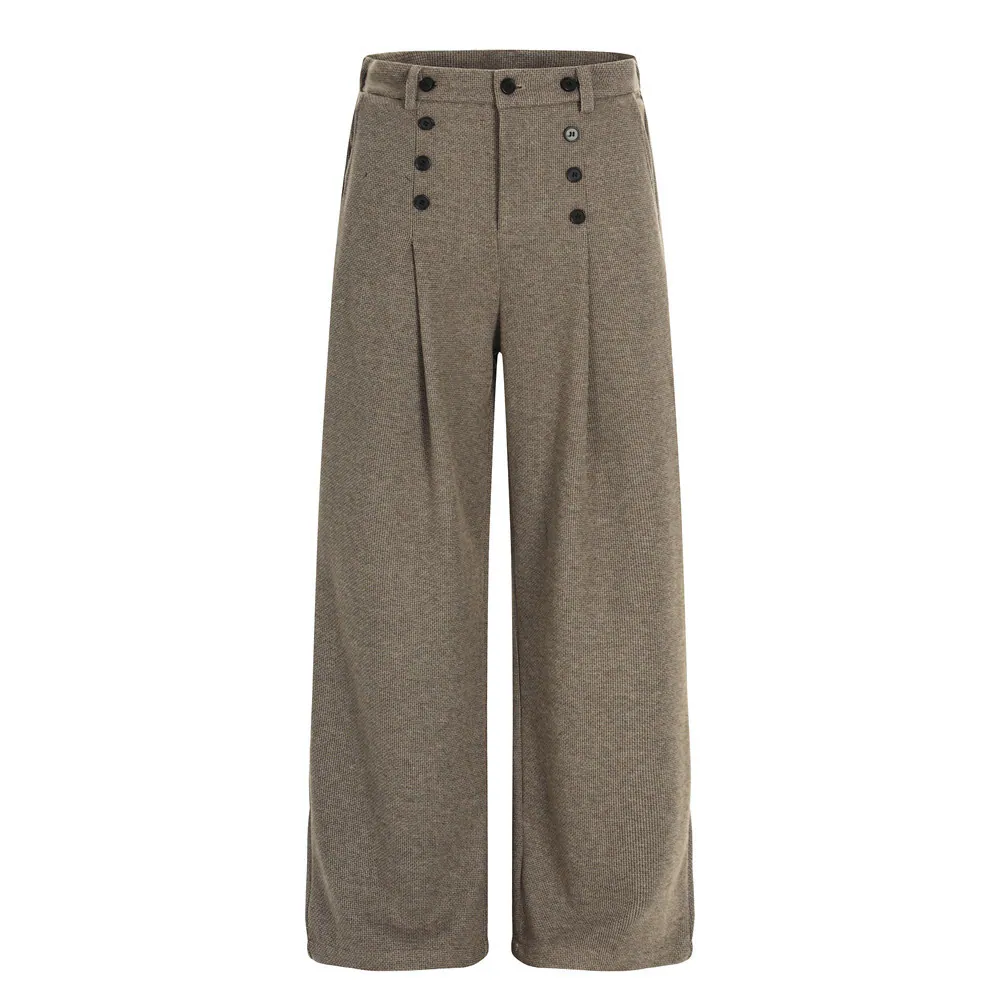 Vintage-Inspired Pleated Button Casual Pants