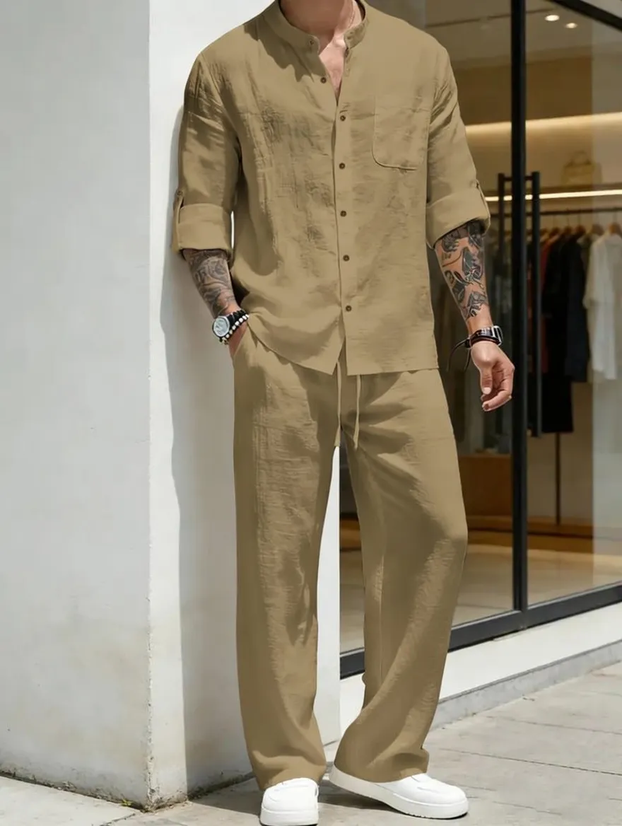 Men's Linen Stand Collar Long Sleeve Casual Suit