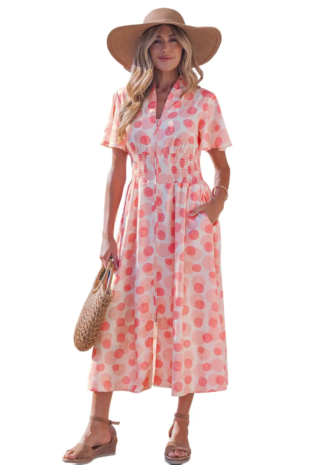 Polka Dot Printed Zip Front Dress Casual