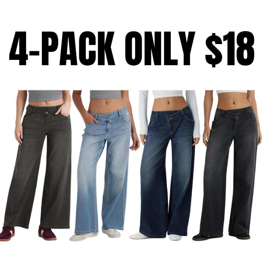 Asymmetric Low Rise Zipper Pockets Baggy Wide Leg Washed Casual Jeans