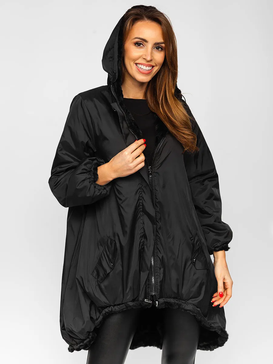 Black Women's Long Quilted Winter Jacket With Hood
