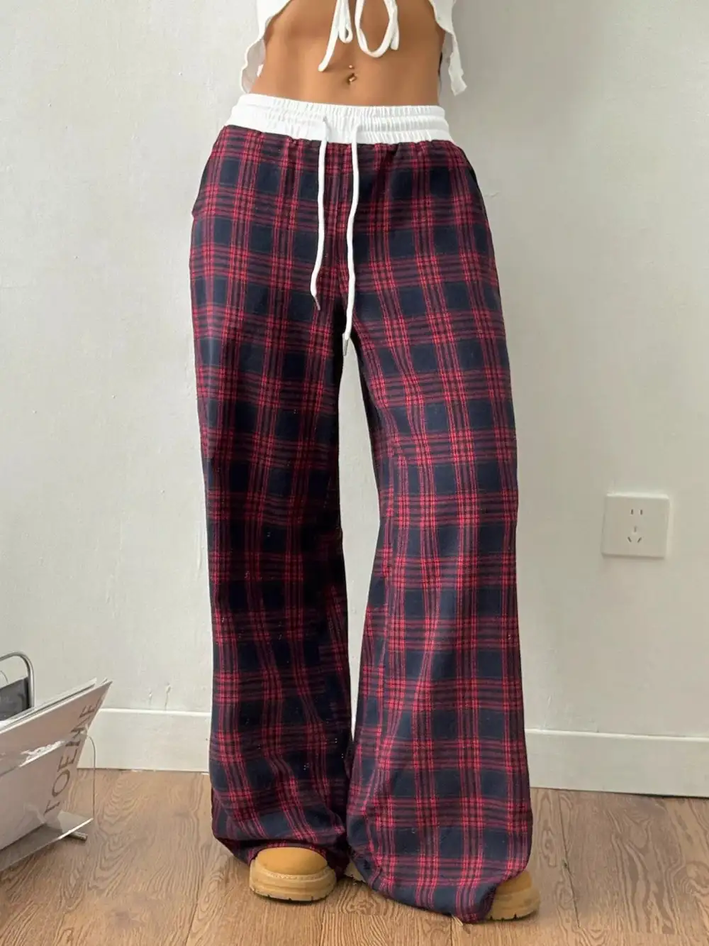 Wide Leg Elastic Waist Plaid Drawstring Pants