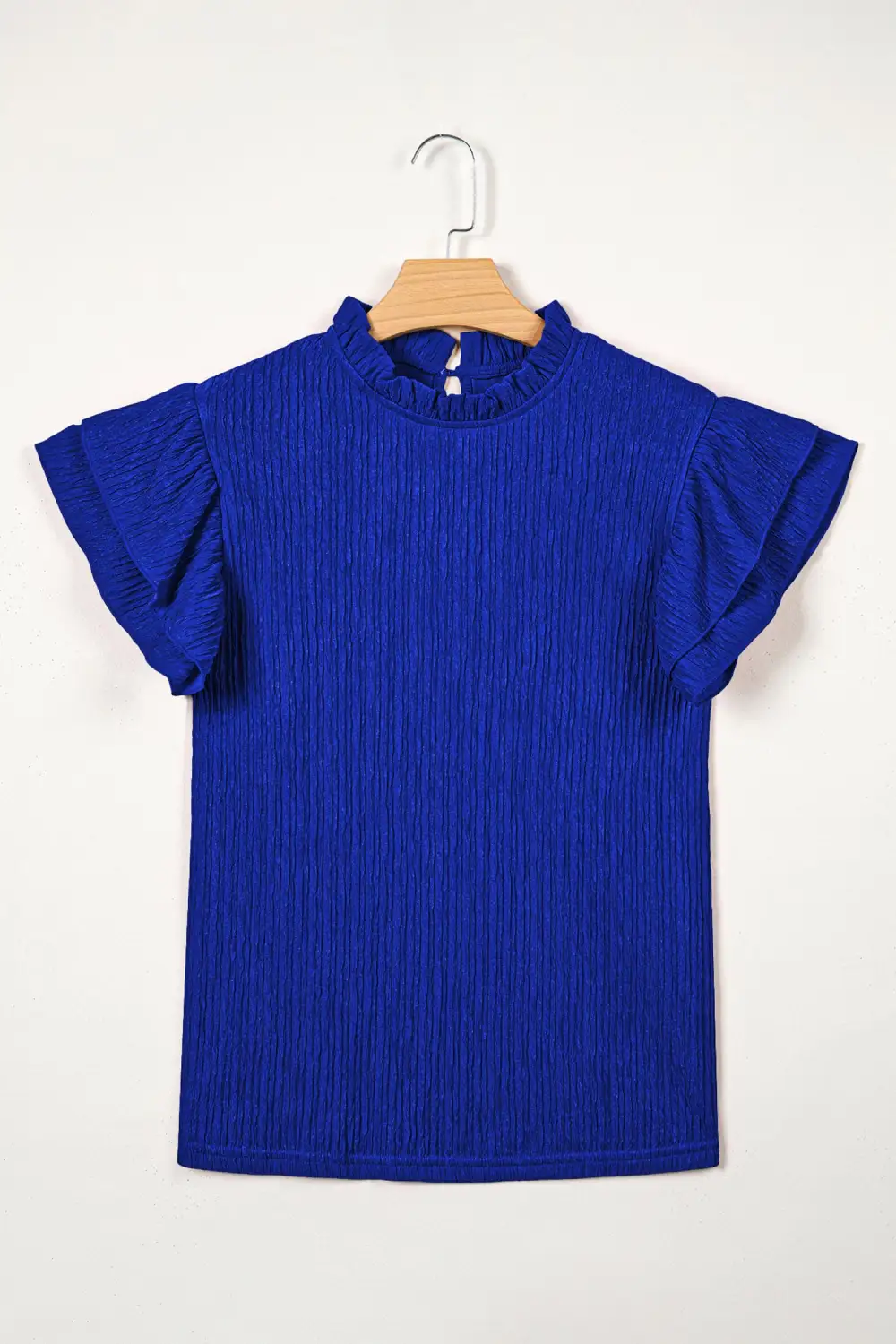 Dark Blue Solid Color Textured Ruffle Trim Short Sleeve Blouse