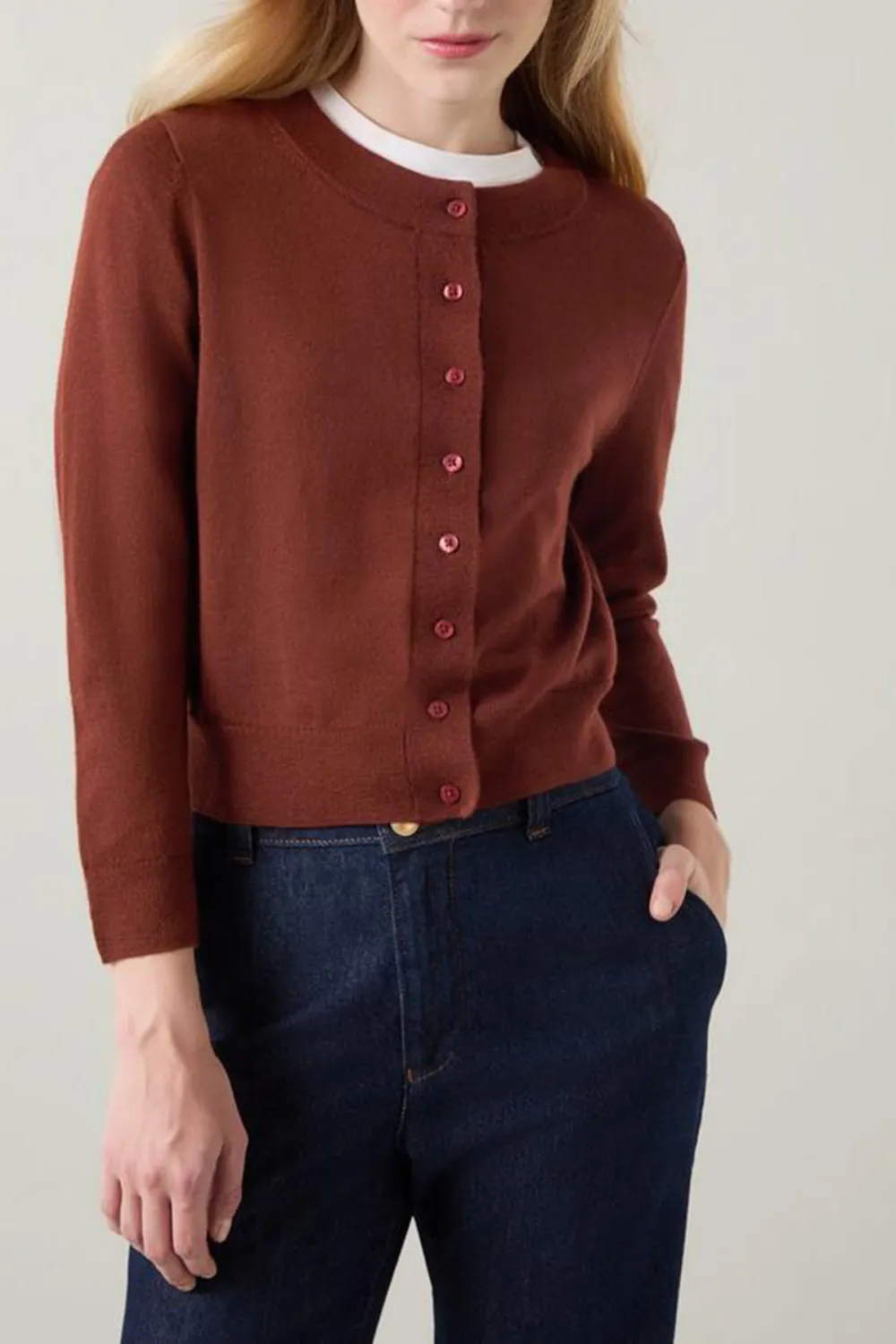 Rust Colored Cropped Button Front Knit Cardigan