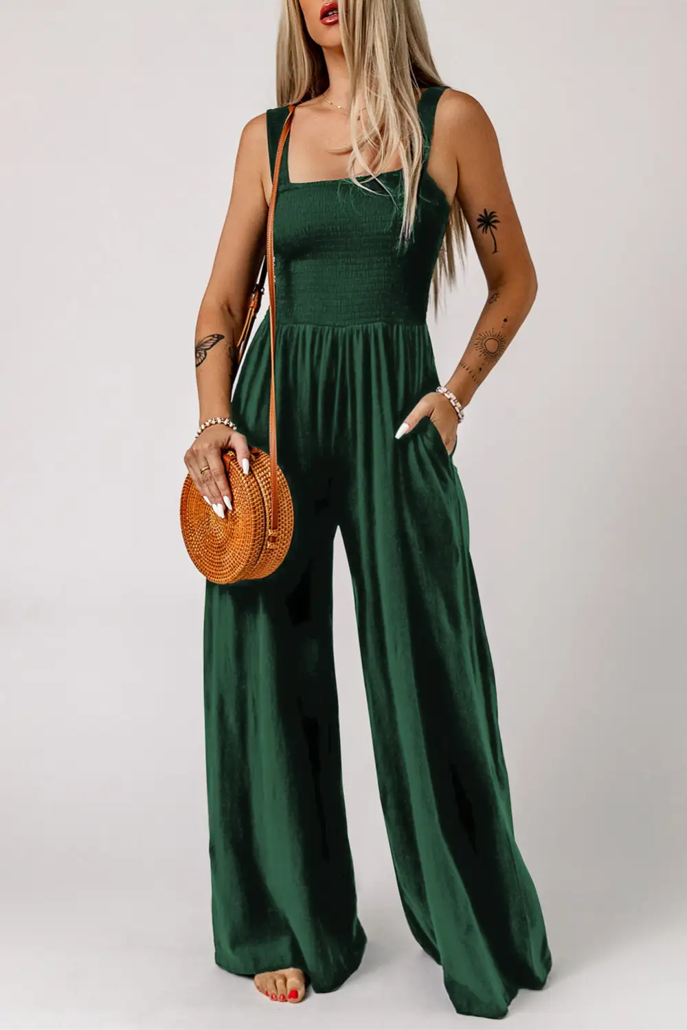 Smocked Square Neck Wide Leg Jumpsuit