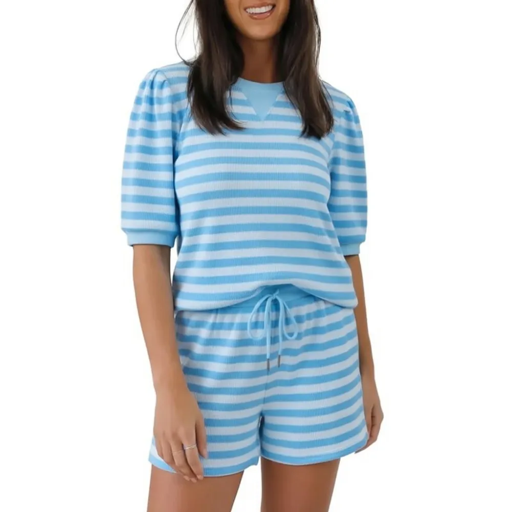Women's Striped Puff Sleeve Short Sleeve 2‑Piece Set