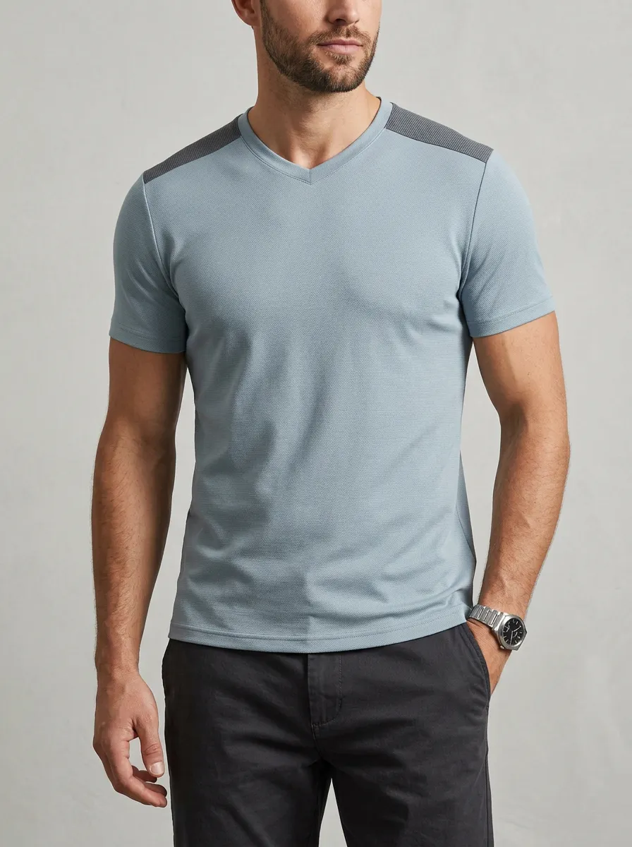 Streamlined Ribbed Textured Contrast Shoulder Modern Look Men's Slim Fit Short Sleeve T-Shirt
