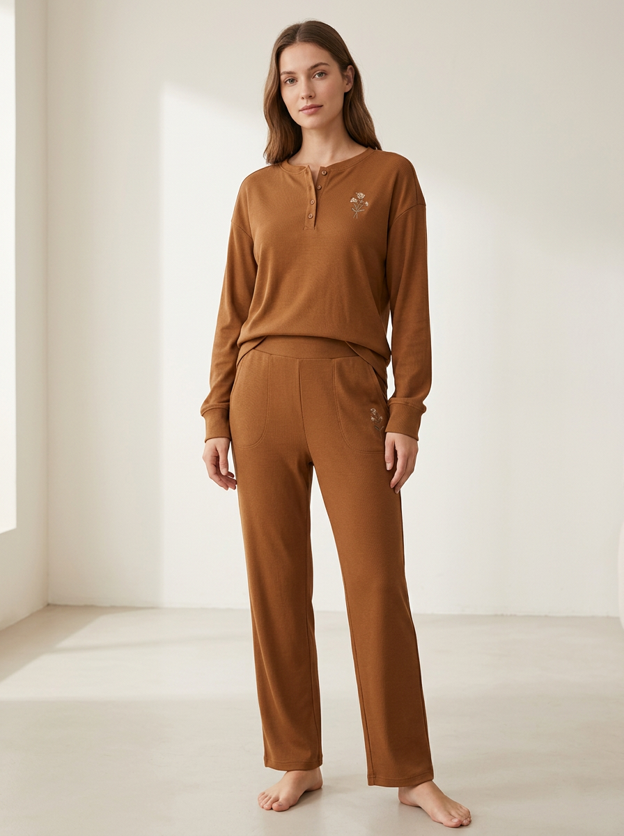 Women's Floral-Embroidered Henley Straight-Leg Lounge Set