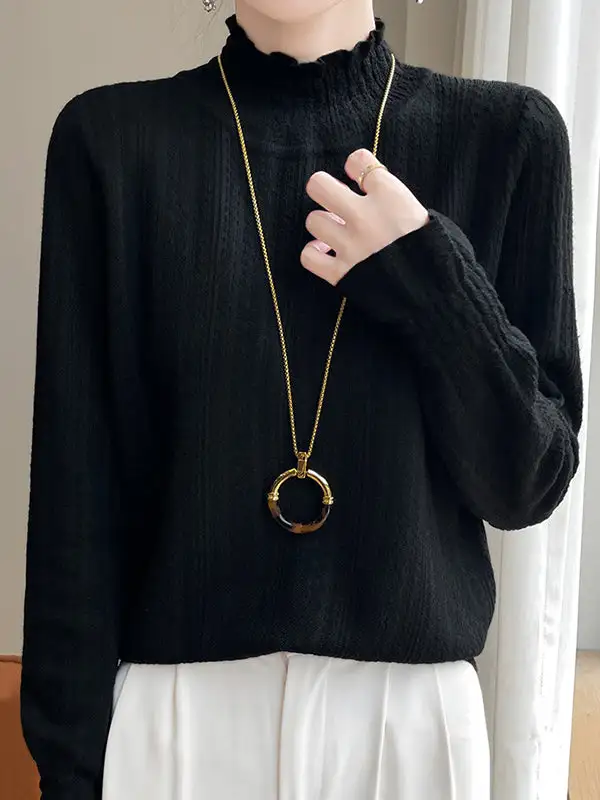 Long Sleeve Relaxed Elasticity Ruffle Trim Mock Neck T-Shirt