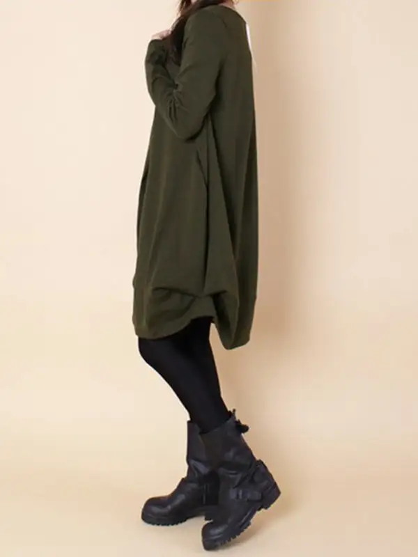 A Line Long Sleeve Pleated Solid Color Round Neck Dress Maxi