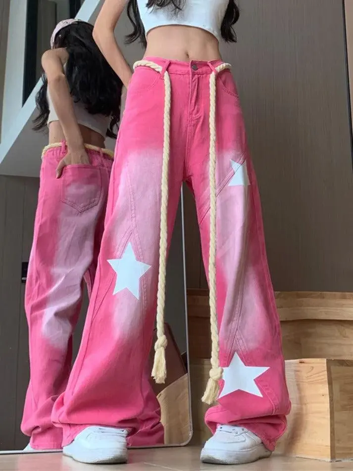 Star Print Splice Boyfriend Jeans