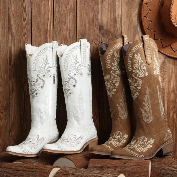 Women's Sparkly Rhinestone Cowboy Boots with Embroidery & Pointed Toe