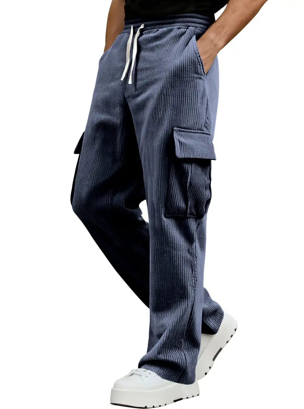 Men's Casual Corduroy Cargo Pants Waist Straight Leg Pockets