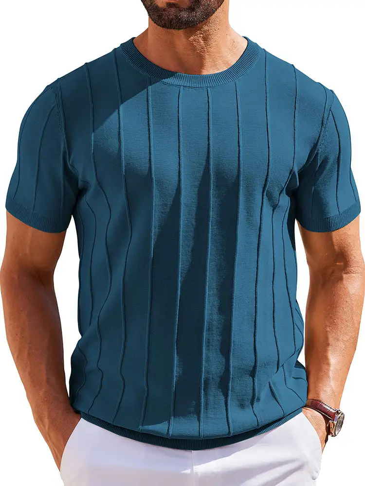 Casual Short Sleeve Ribbed Knit Pullover Tee