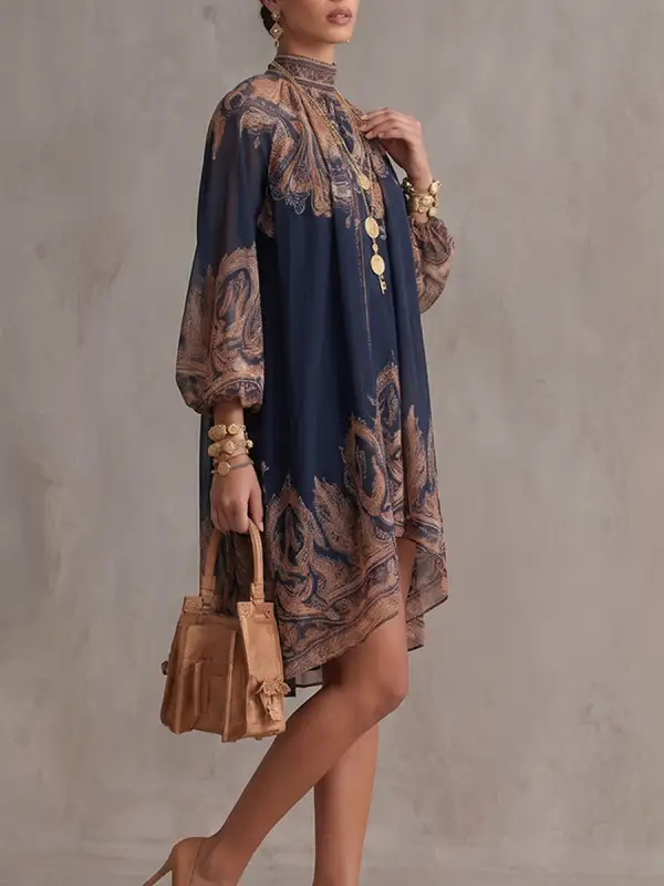 High Low Long Sleeve Pleated Printed Mock Neck Mini Dress