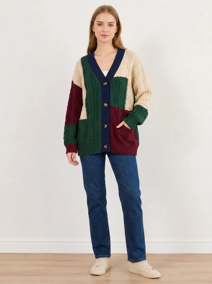 Women's Casual Style Colorblock Cable Knit Button Cardigan