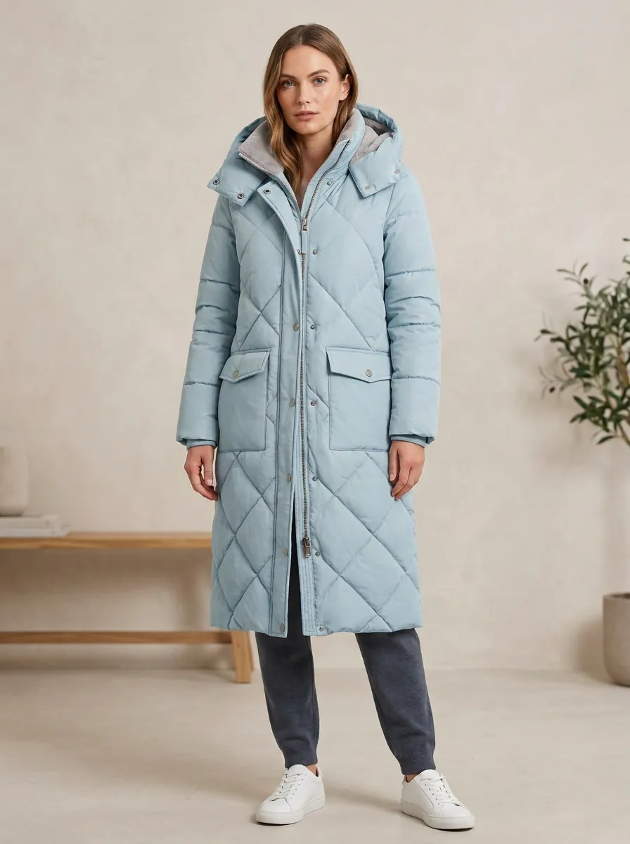 Easy-Wear Quilted Long Hooded Coat