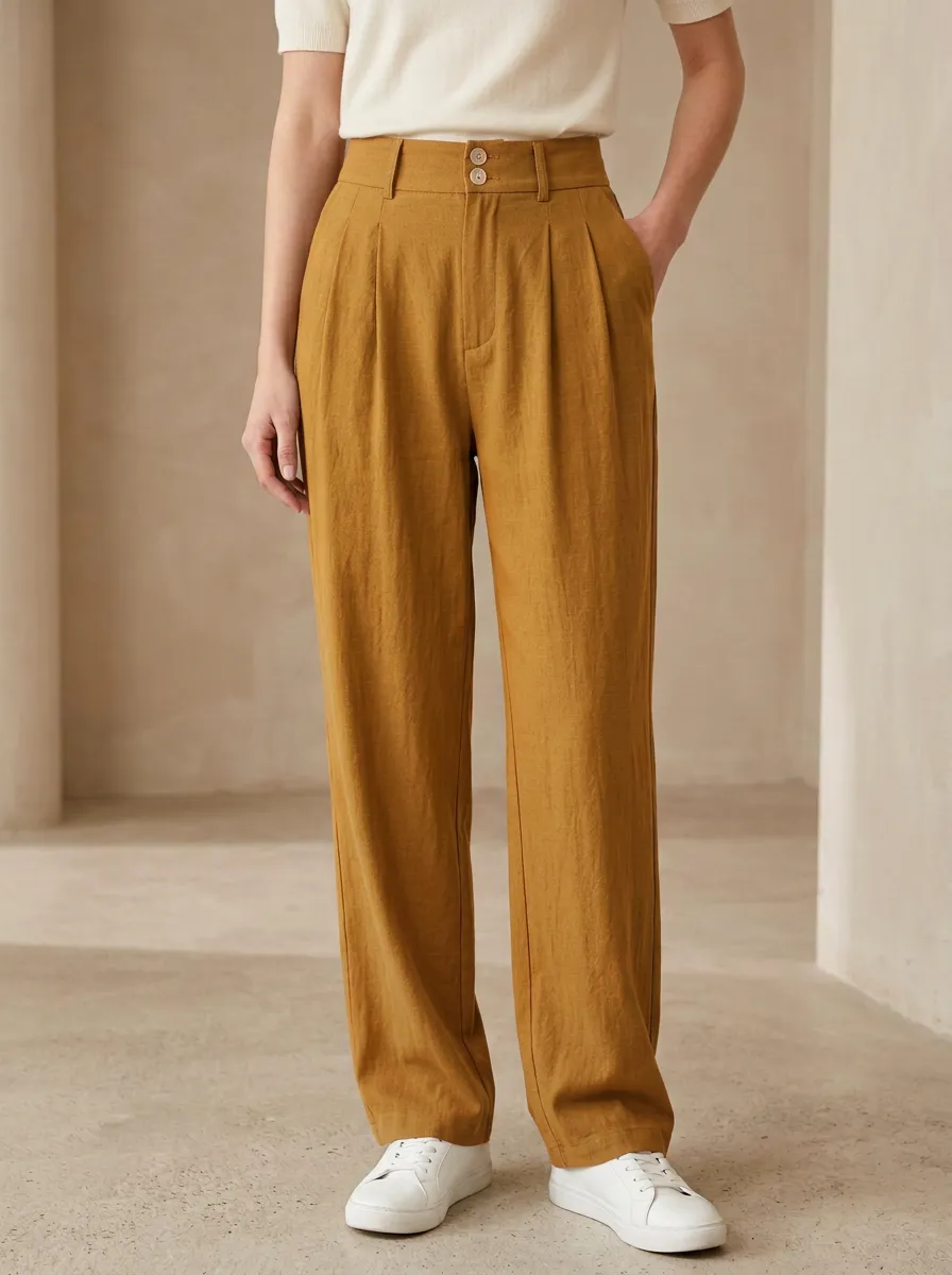 Women's Casual High-Waisted Pleated Linen Trousers