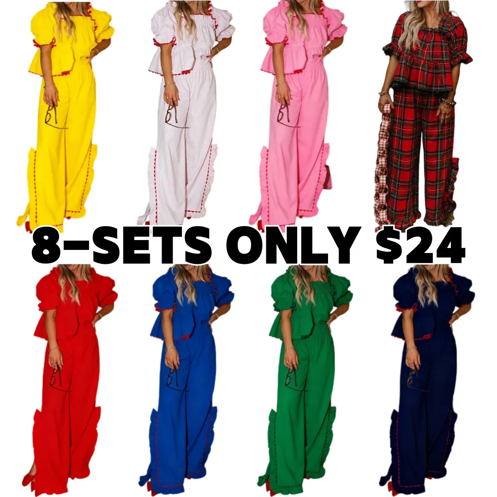 Women Pajama Set,Short Sleeve Square Neck T-shirt with Pants Sleepwear Loungewear
