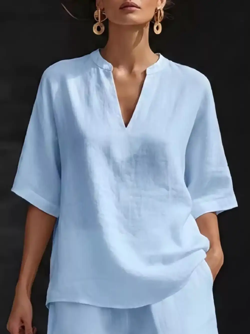Notched Half Sleeve Top and Shorts Set