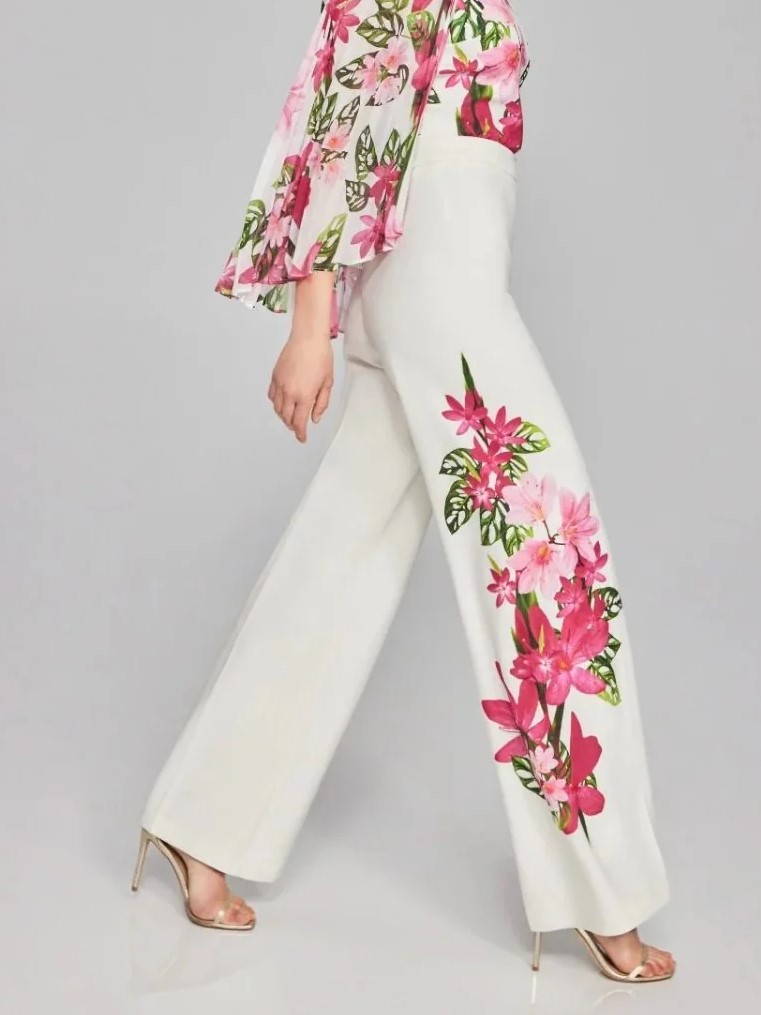 White Wide - Leg Pants with Floral Embroidered
