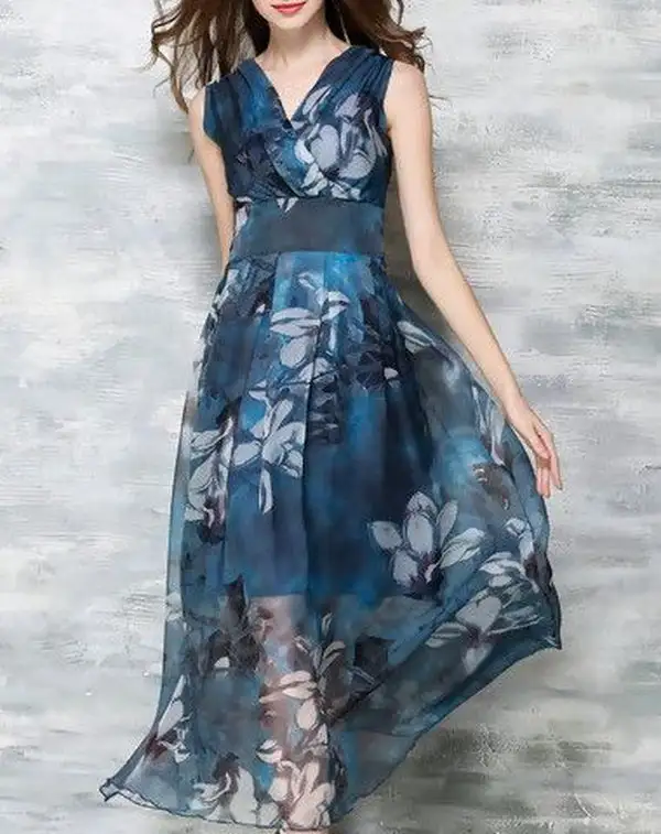 Blue Print V-Neck Maxi Dress