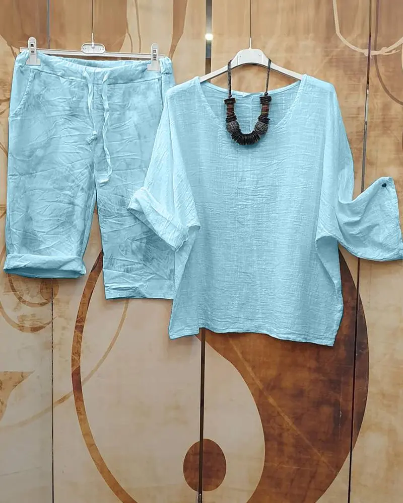 Summer Simple Color Casual Style Short Sleeve Suit