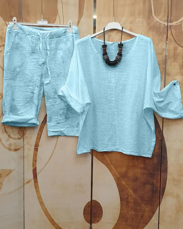 Summer Simple Color Casual Style Short Sleeve Suit