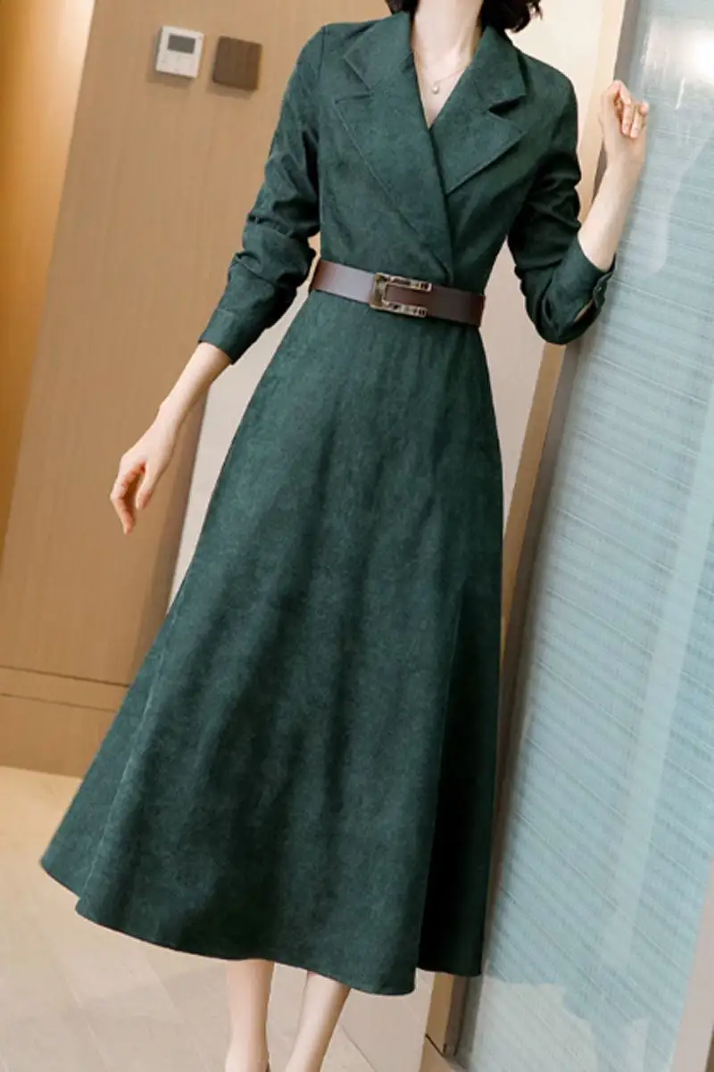 Wool Blend Lapel Collar Long Sleeve Midi Dress
