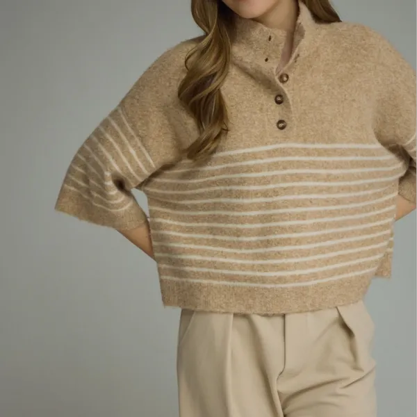 Relaxed Button Detail Stripe Sweater