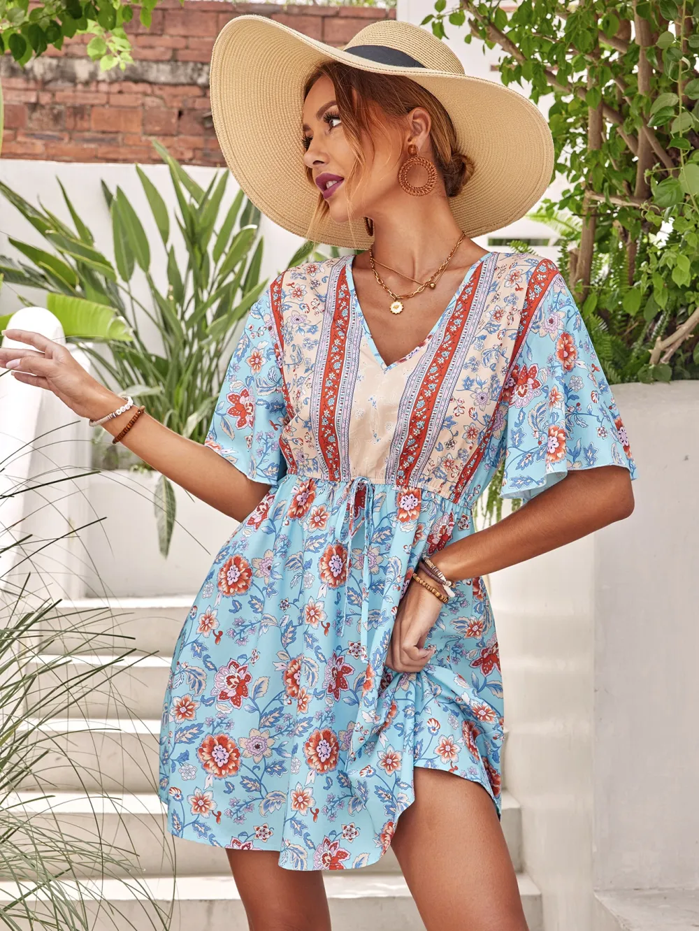 Plus Size Floral Print Butterfly Sleeve Tie Back Knot Front Dress