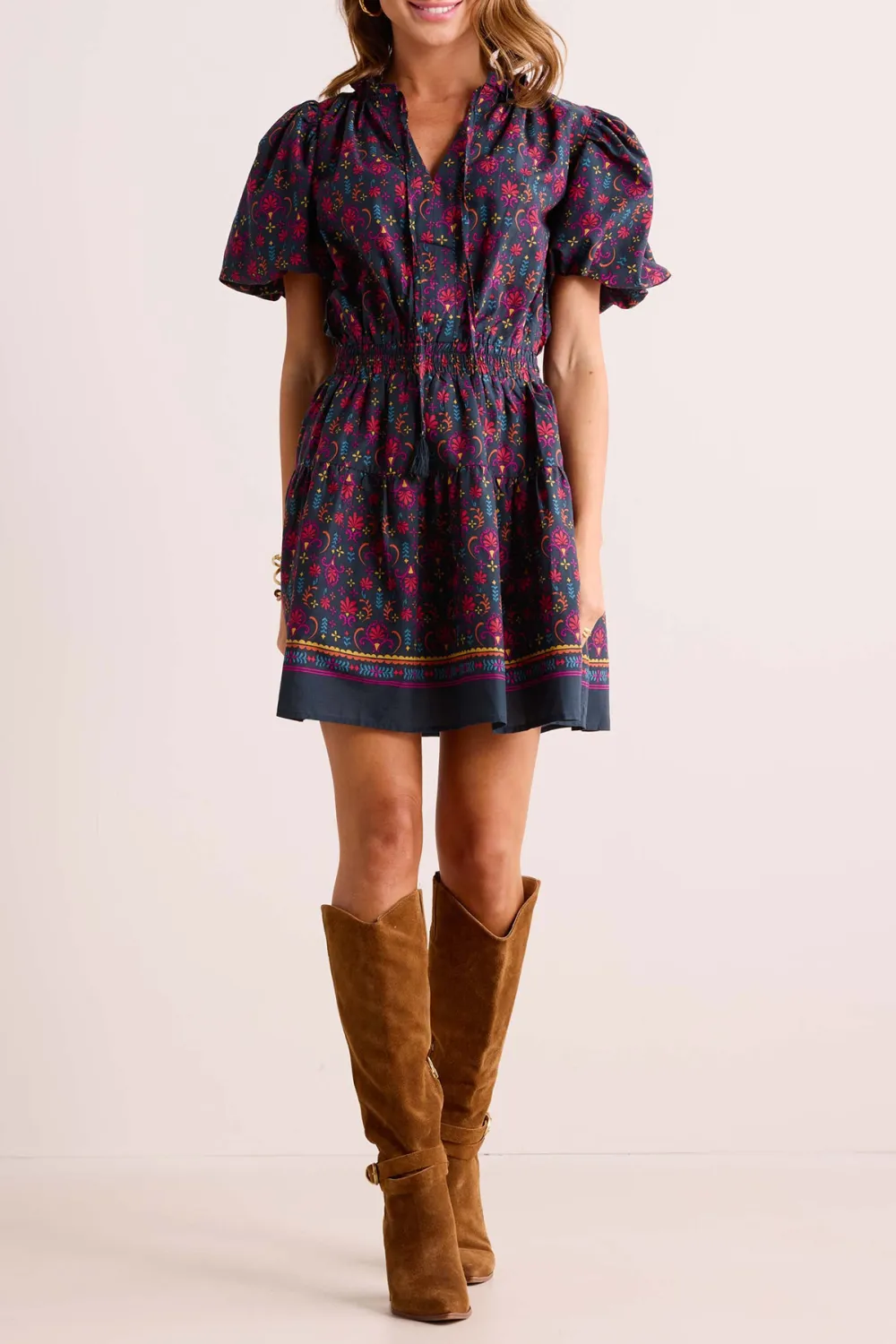 Navy Floral Print Puff Sleeve Tie-Waist Dress