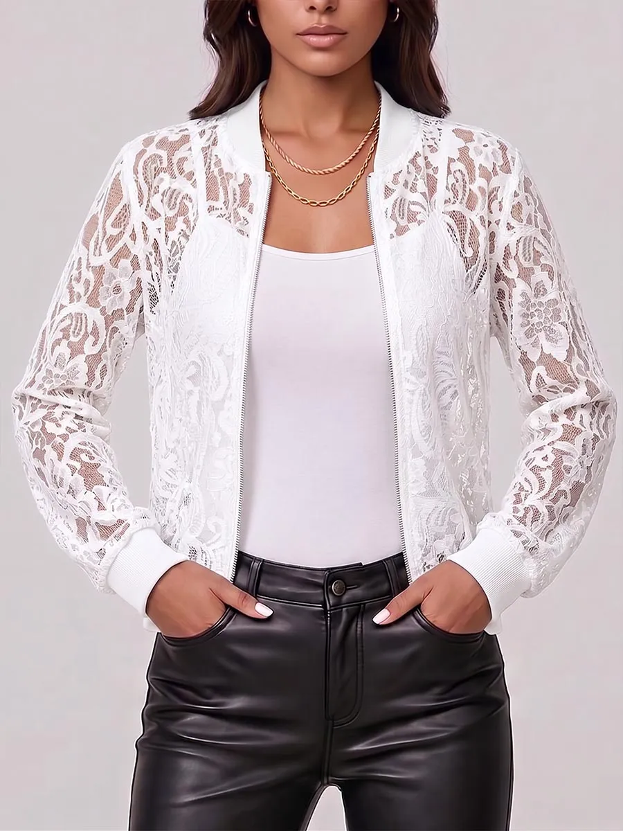 Women S Solid Color Stand Collar Long-sleeved Casual Loose Lace Jacket