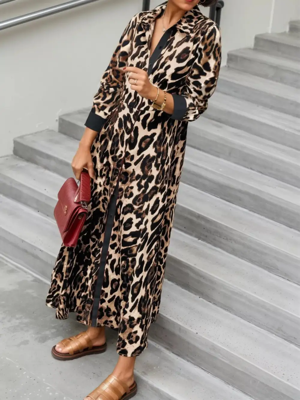 Long Sleeve Printed Colorblock Maxi Dress