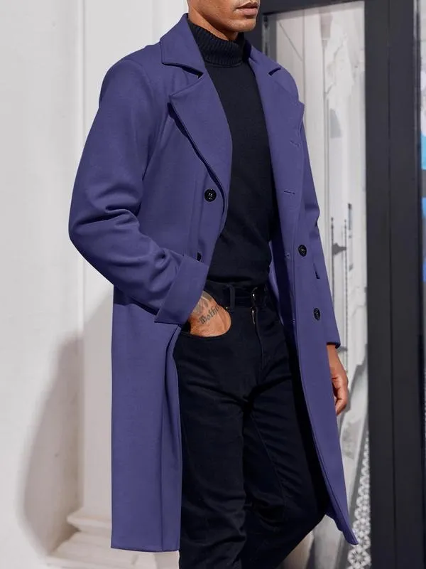 Men's Notch Lapel Double Breasted Long Trench Coat Casual Cotton Blend Peacoat