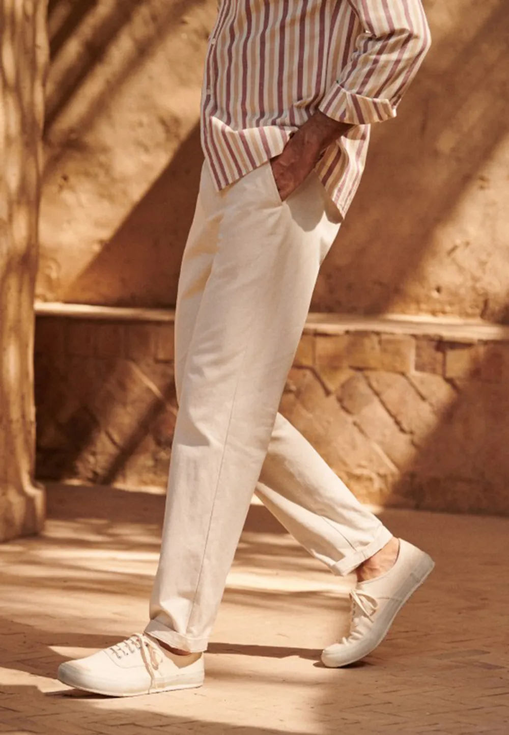Cream Cotton Linen Blend Straight Leg Trousers
