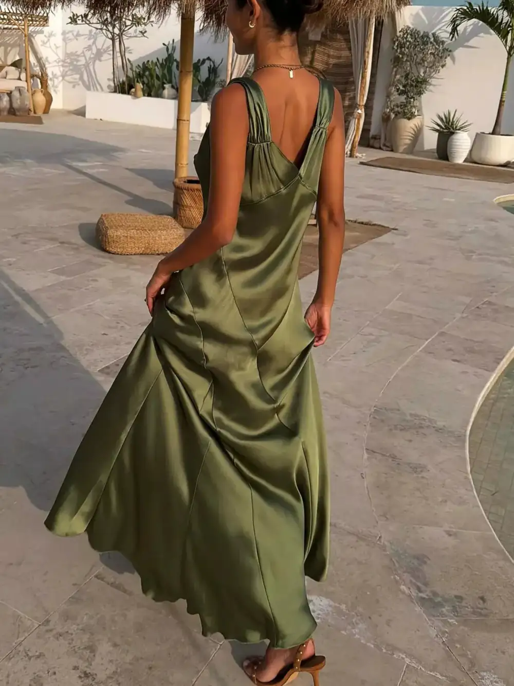 Satin V Neck Slit Maxi Dress