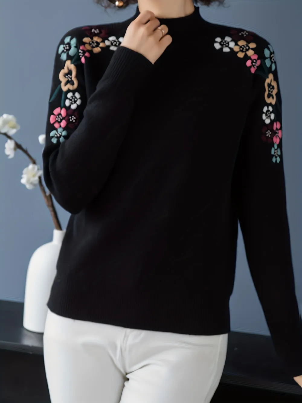 Floral Pattern Mock Neck Knit Sweater Casual
