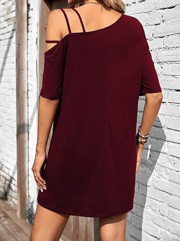 Relaxed Short Sleeve Asymmetric Solid Color One Shoulder Mini Dress