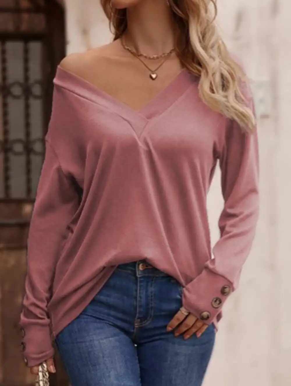 V Neck Button Loose Long Sleeve Tee