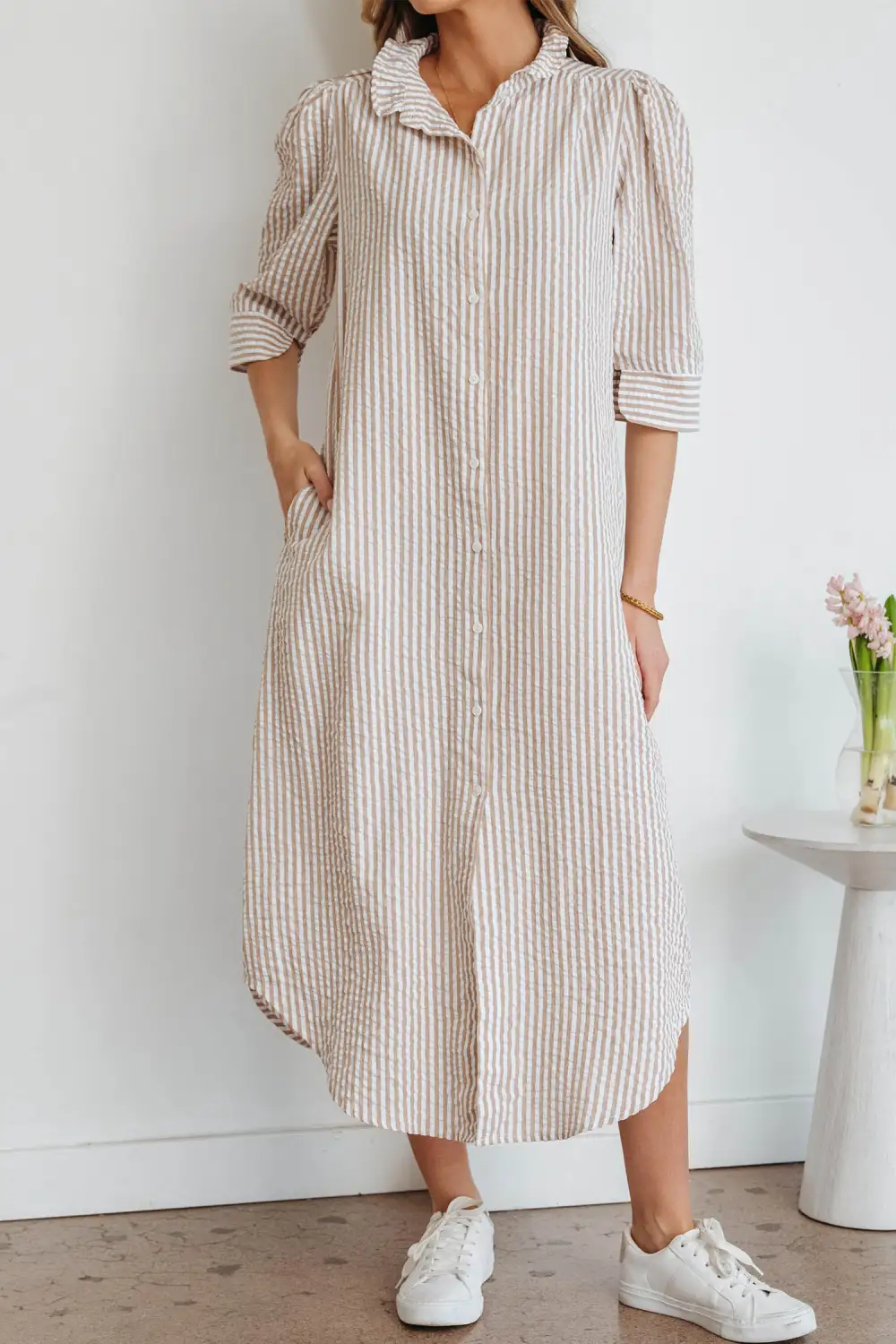 Striped Ruffle Short Sleeve Maxi Dress