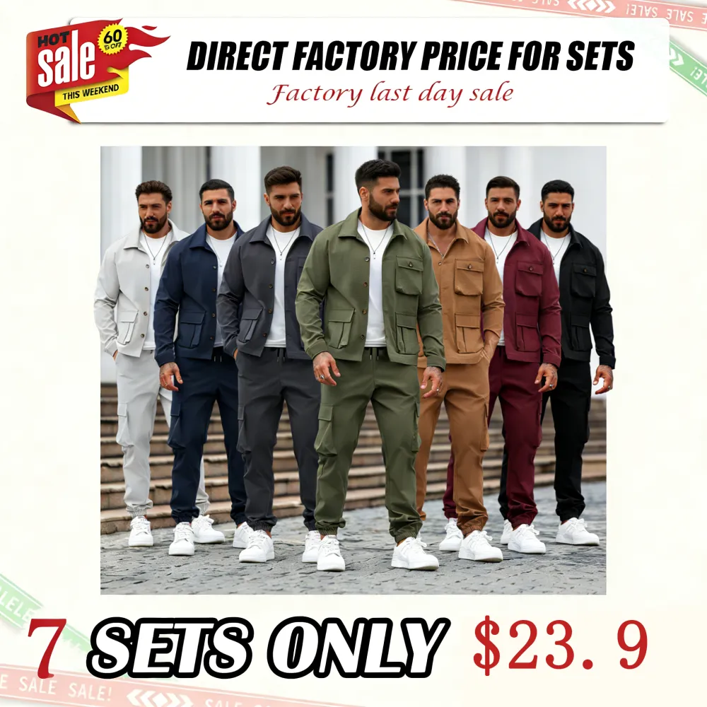 Men's Solid Color Pocket Button Front Shirt & Pants Two-Piece Set