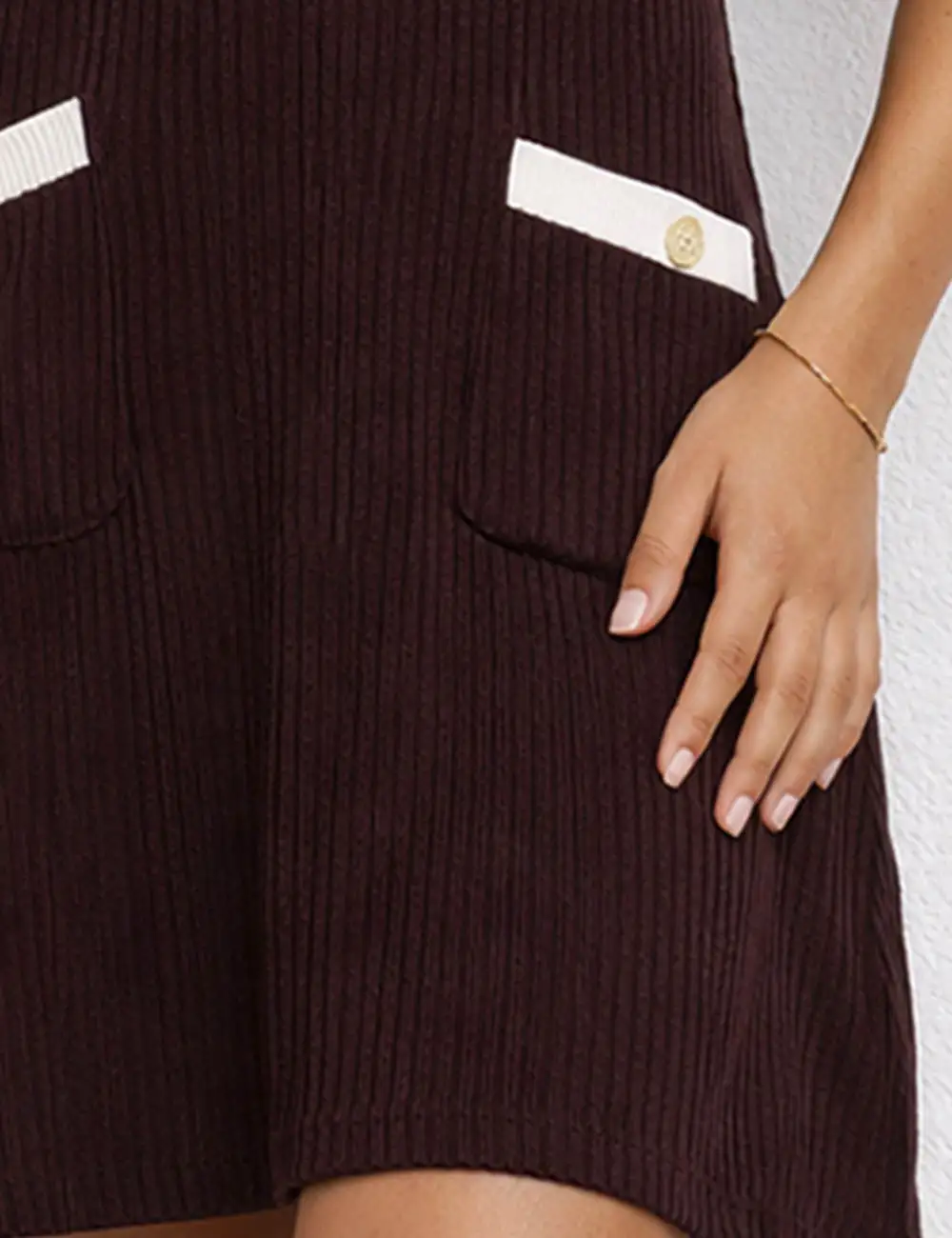 Chic Ribbed Knit Color Block V Neck Button Mini Dress