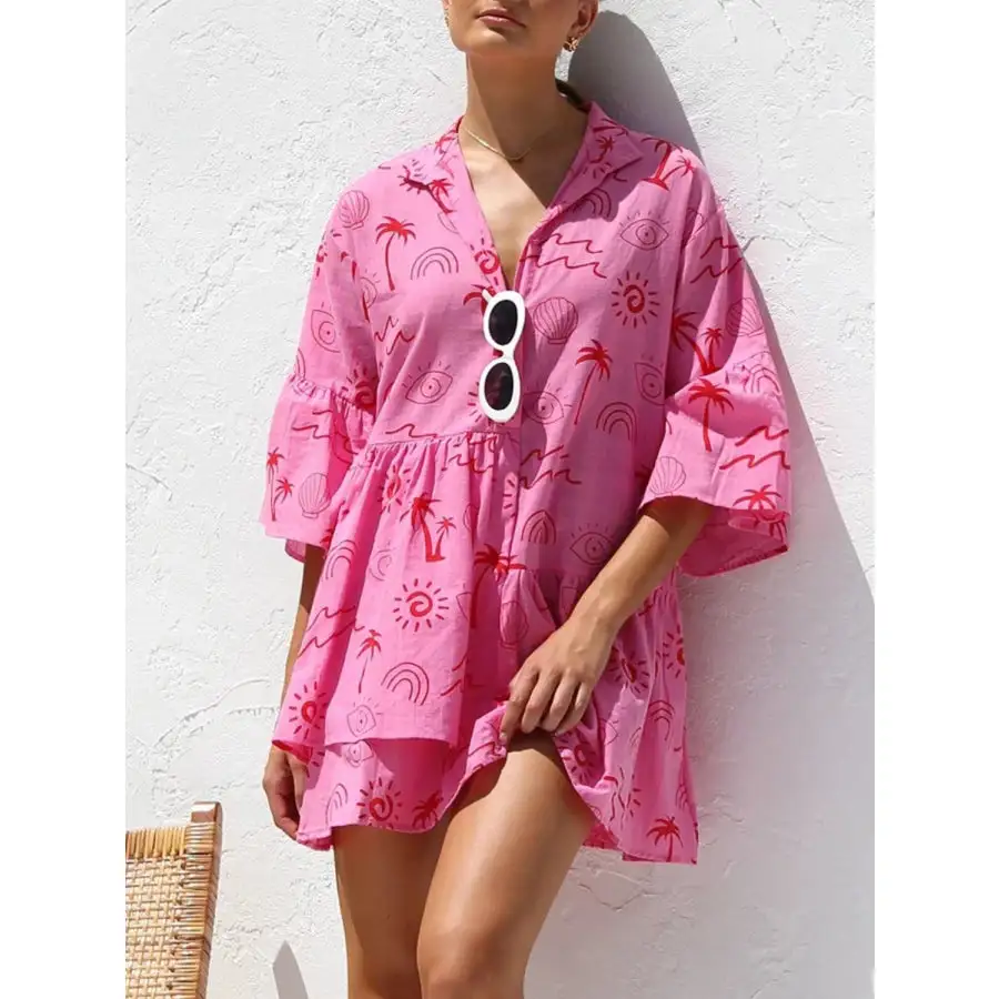 Button Detail Ruffled Hem Printed Mini Dress