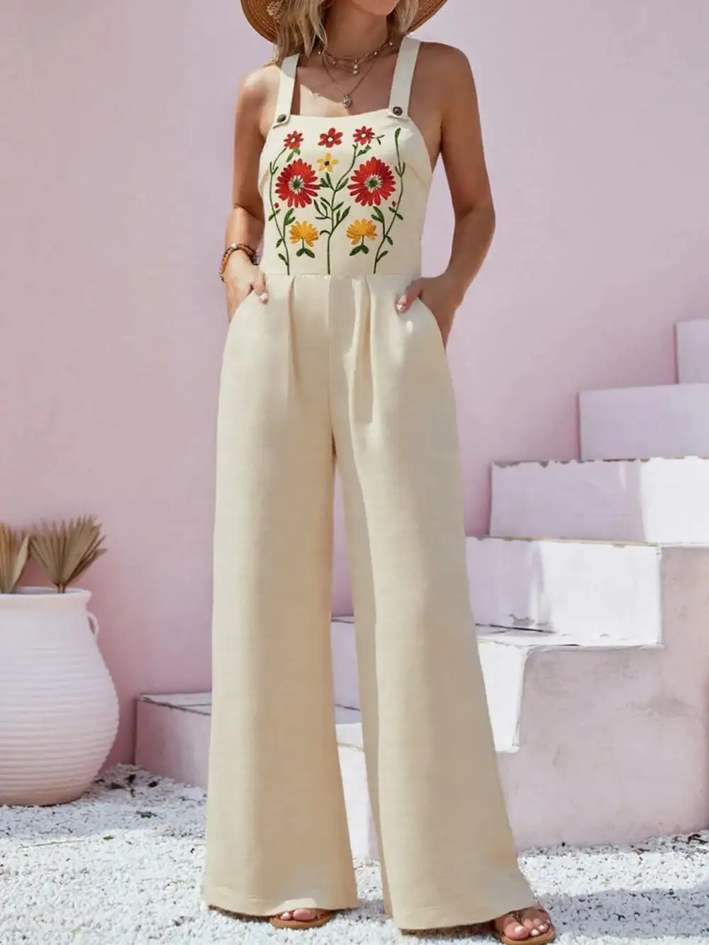 Floral Embroidered Wide Leg Jumpsuit