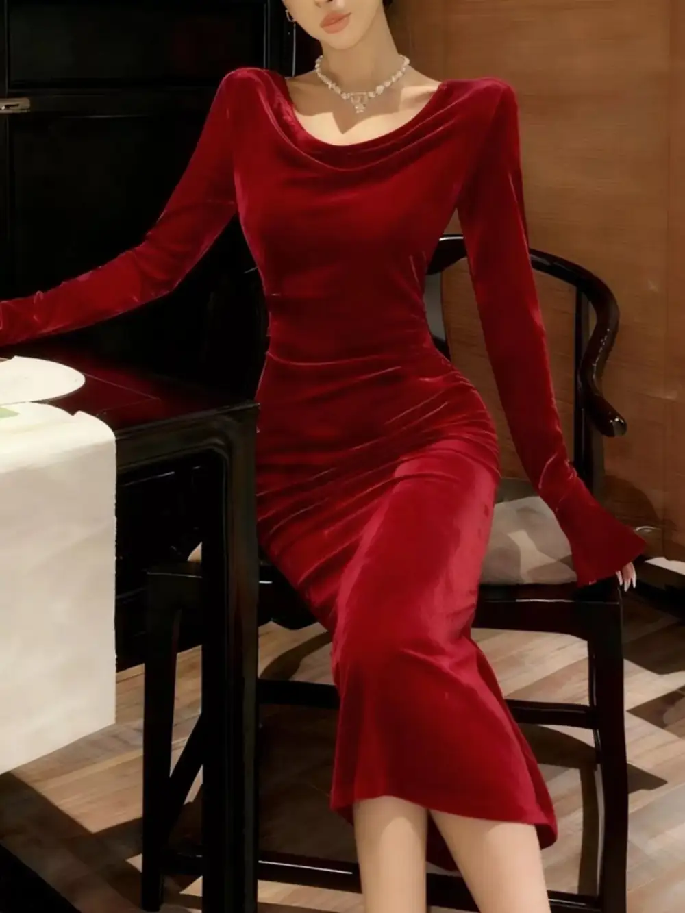 Velvet Long Sleeve Midi Dress
